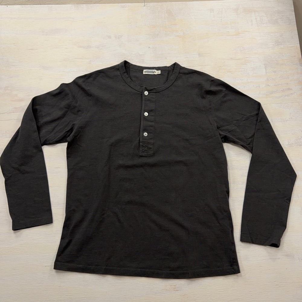 Freenote Cloth Henley Shirt XL Long Sleeve 3-Button Charcoal Black Mens